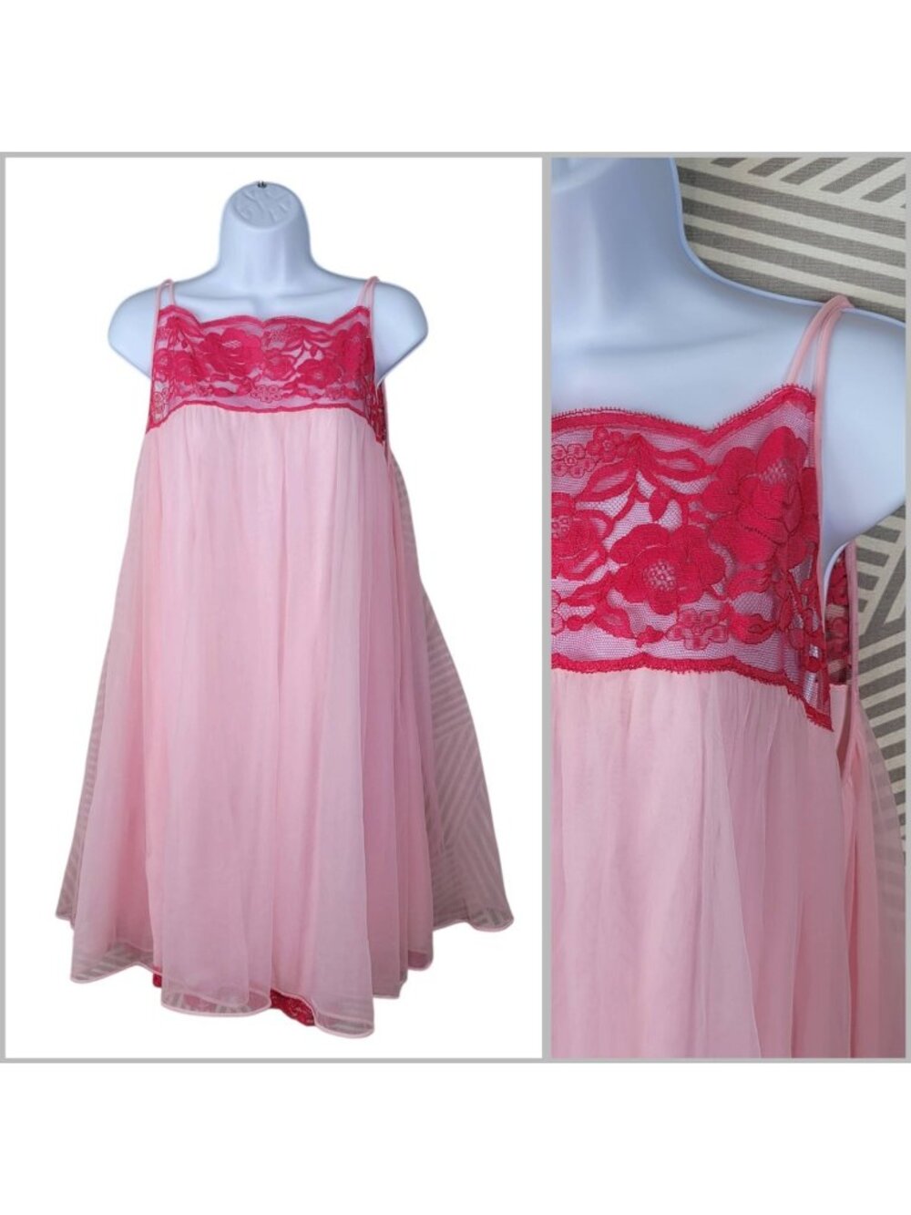 Vintage 60s Pink Nightie Medium Chiffon Babydoll Nightgown Chantilly Lace Alt